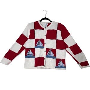 Vintage Northern Reflections Kitschy Sail Boat Cardigan Checkered Coastal Granny